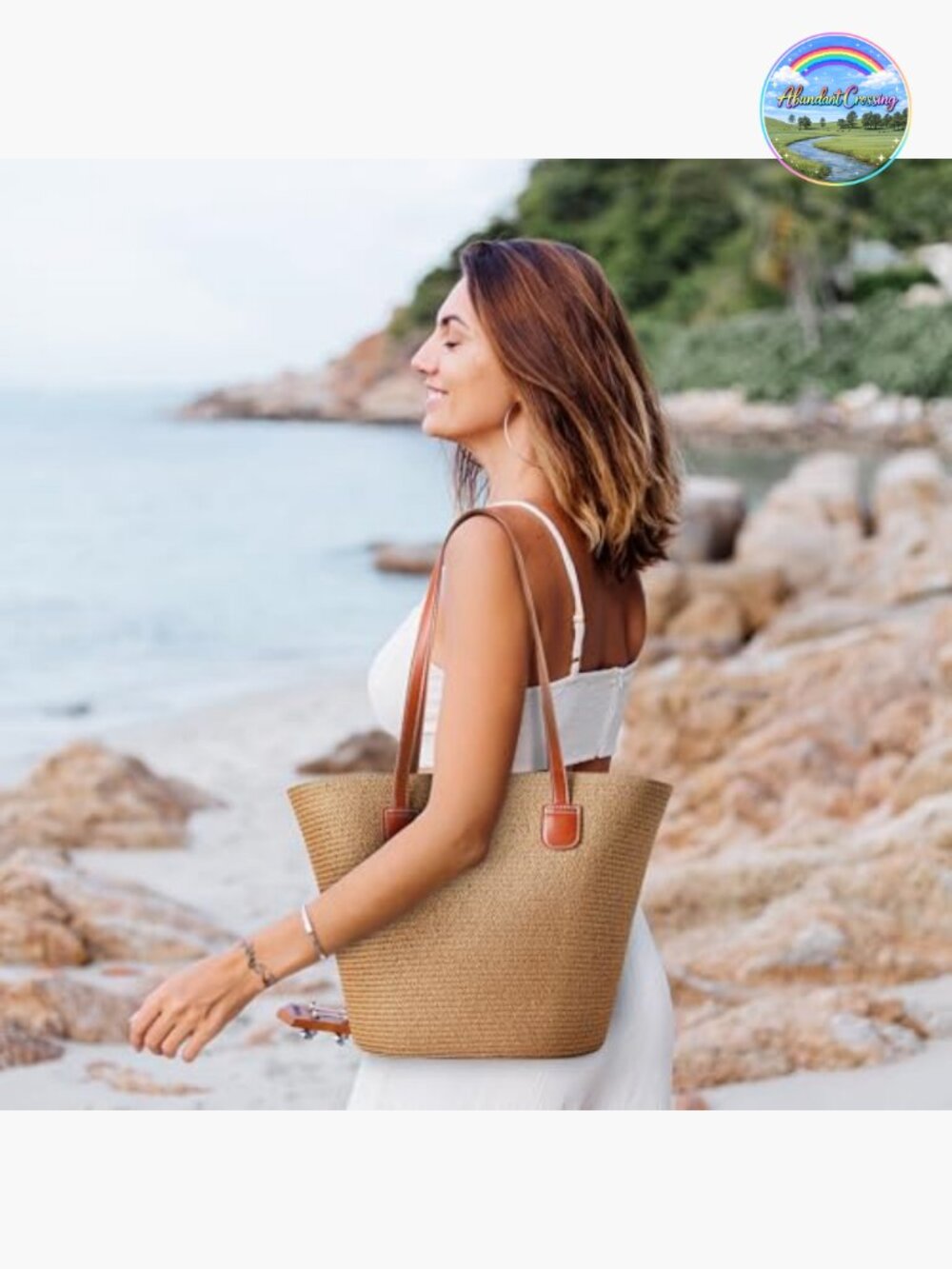 Handwoven Straw Tote Bag with Zipper Closure, Shoulder Strap, Travel Beach Bag - Picture 2 of 5